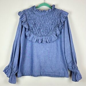 Elizabeth Wilson Designs Women’s Ruffle Pleated Chambray Blouse Sz L